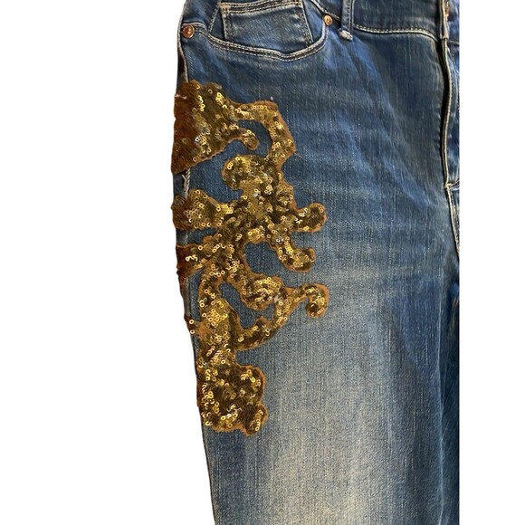 Chicos Platinum Jegging 0.5 Size 6 Gold Leaf Sequin Embellished Stretch Denim - Picture 9 of 12